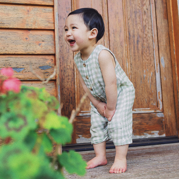 Slouchy Sleeveless Shortall - Sage Gingham