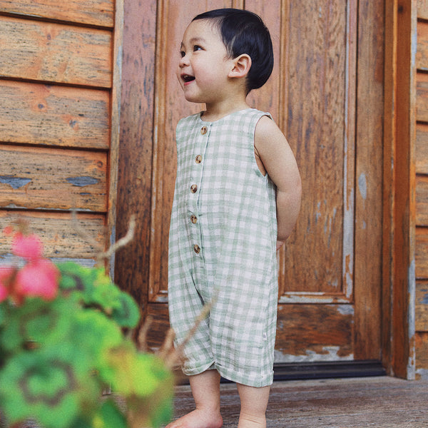 Slouchy Sleeveless Shortall - Sage Gingham