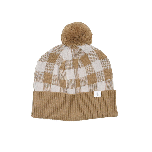 Jacquard Knit Beanie - Neutral Gingham